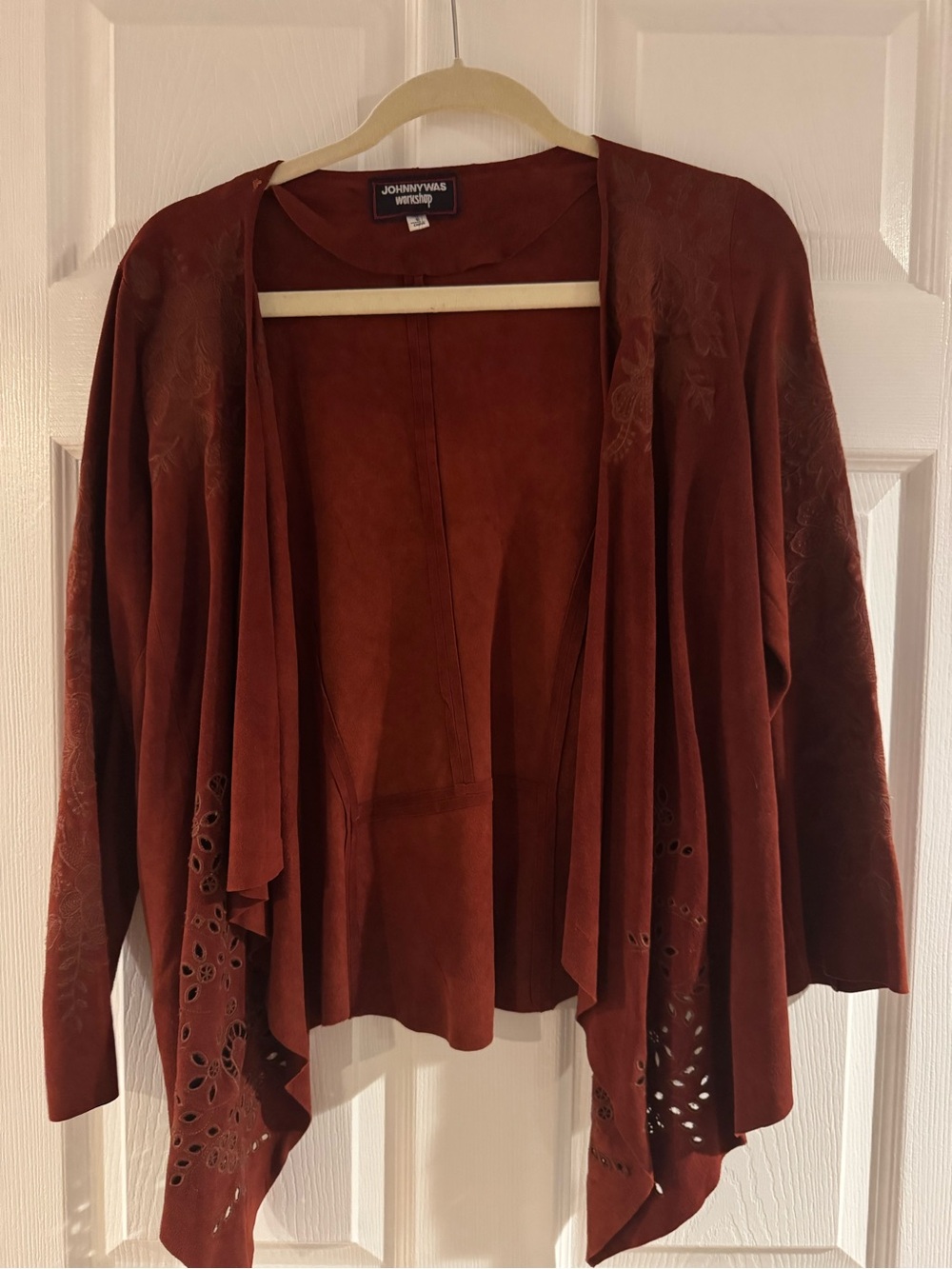 Johnny Was Burnt Orange Suede Open-Front Cardigan